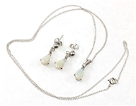 14K WHITE GOLD OPAL & DIAMOND EARRINGS & PENDANT