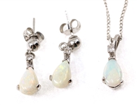 14K WHITE GOLD OPAL & DIAMOND EARRINGS & PENDANT