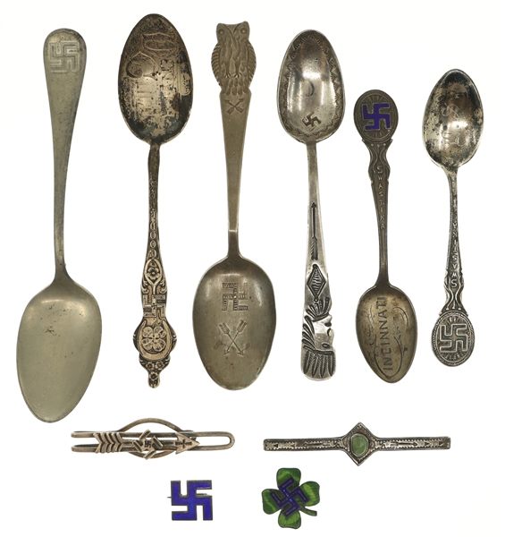 GOOD LUCK SWASTIKA SILVER SPOONS & PINS