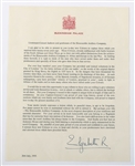 HRH QUEEN ELIZABETH II AUTOPEN SIGNED TYPED LETTER