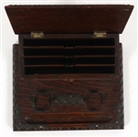 CARVED OAK STATIONARY BOX WITH INKWELLS 