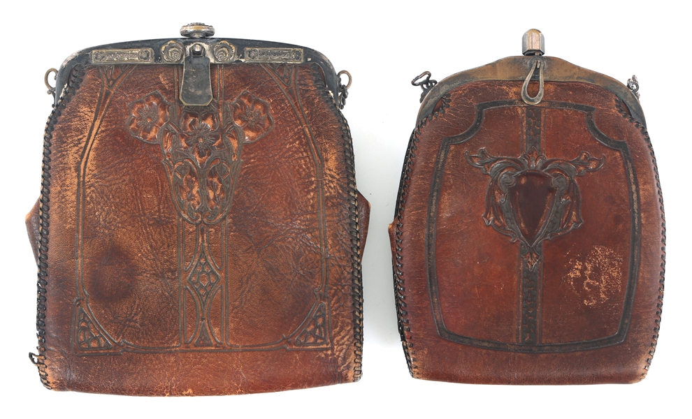 EARLY 20TH C. ART & CRAFTS ERA TOOLED LEATHER HANDBAGS 
