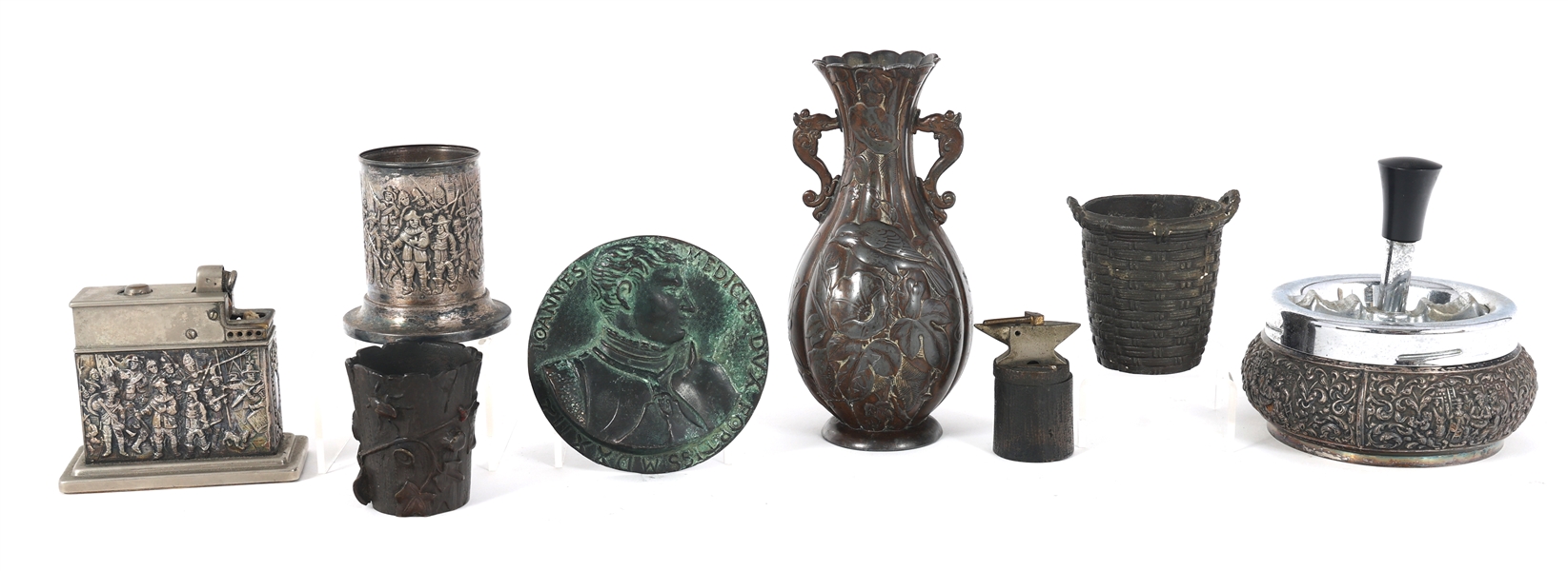 SILVERPLATE & BRONZE ASHTRAY, LIGHTER, STRIKER, & MORE