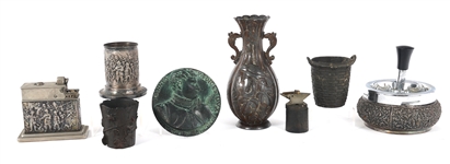 SILVERPLATE & BRONZE ASHTRAY, LIGHTER, STRIKER, & MORE