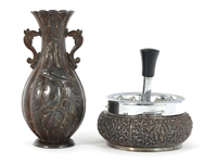 SILVERPLATE & BRONZE ASHTRAY, LIGHTER, STRIKER, & MORE