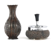 SILVERPLATE & BRONZE ASHTRAY, LIGHTER, STRIKER, & MORE