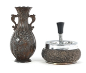 SILVERPLATE & BRONZE ASHTRAY, LIGHTER, STRIKER, & MORE