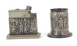 SILVERPLATE & BRONZE ASHTRAY, LIGHTER, STRIKER, & MORE