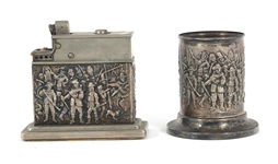 SILVERPLATE & BRONZE ASHTRAY, LIGHTER, STRIKER, & MORE