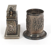 SILVERPLATE & BRONZE ASHTRAY, LIGHTER, STRIKER, & MORE