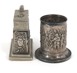 SILVERPLATE & BRONZE ASHTRAY, LIGHTER, STRIKER, & MORE