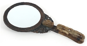 CHINESE BRONZE & SOFTSTONE HAND MIRROR