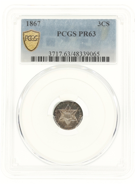 1867 US 3 CENT SILVER COIN PCGS PR63