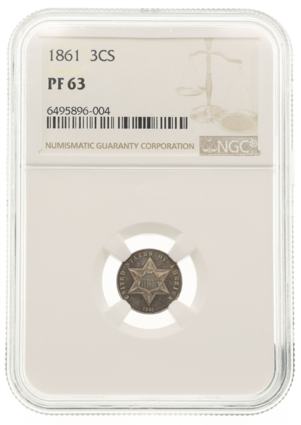 1861 US 3 CENT SILVER COIN NGC PF63