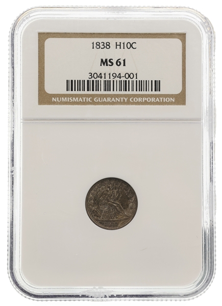 1838 US SEATED 5 CENT SILVER HALF DIME COIN NGC MS61