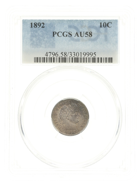 1892 US BARBER 10C SILVER COIN PCGS AU58