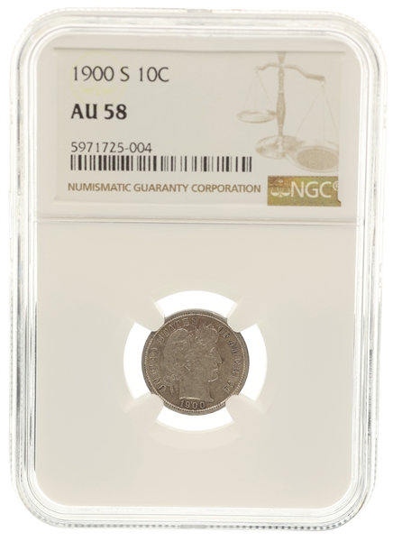 1900-S US BARBER 10C SILVER COIN NGC AU58