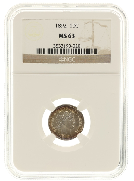 1892 US BARBER 10C SILVER COIN NGC MS63