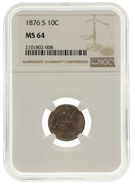 1876-S US SEATED LIBERTY 10C SILVER COIN NGC MS64