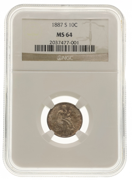 1887-S US SEATED LIBERTY 10C SILVER COIN NGC MS64