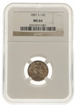 1887-S US SEATED LIBERTY 10C SILVER COIN NGC MS64