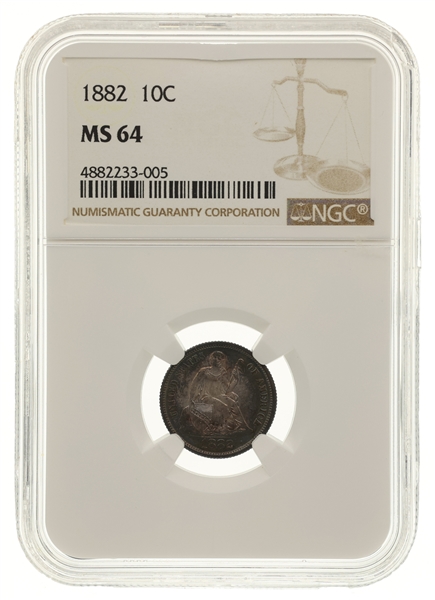 1882 US SEATED LIBERTY 10C SILVER COIN NGC MS64