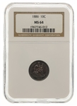 1886 US SEATED LIBERTY 10C SILVER COIN NGC MS64