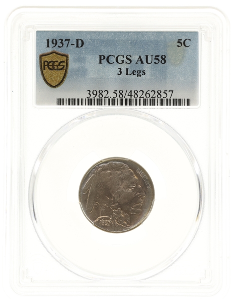 1937-D BUFFALO 3 LEGS 5C COIN PCGS AU58