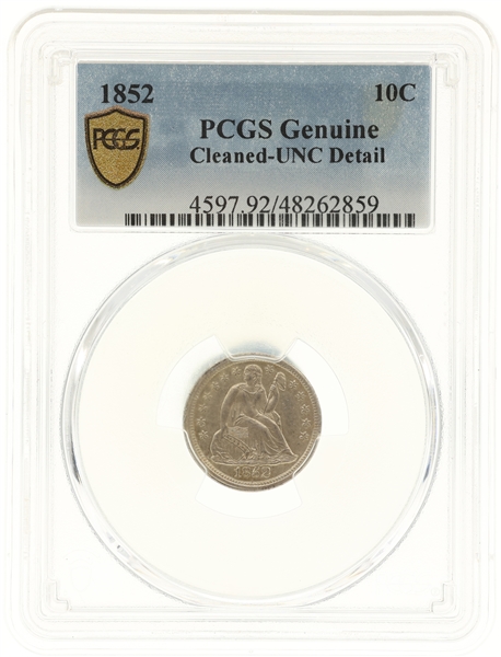 1852 US SEATED 10C SILVER COIN PCGS CLEANED-UNC DETAIL