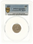 1852 US SEATED 10C SILVER COIN PCGS CLEANED-UNC DETAIL