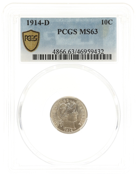 1914-D US BARBER 10C SILVER COIN PCGS MS63