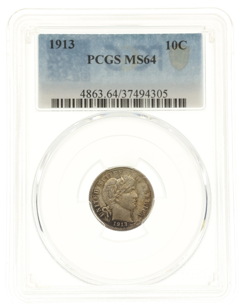 1913 US BARBER 10C SILVER COIN PCGS MS64