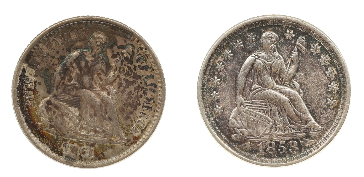 1853 & 1861 US SEATED LIBERTY 5C HALF DIME SILVER COINS