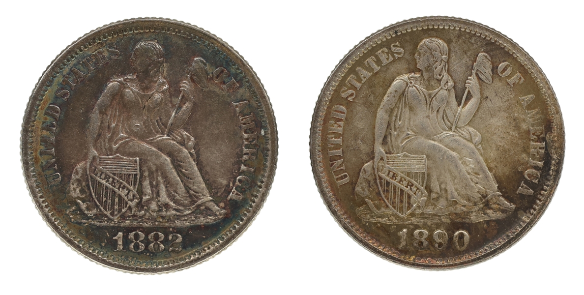 1882 & 1890 US SEATED LIBERTY 10C SILVER COINS