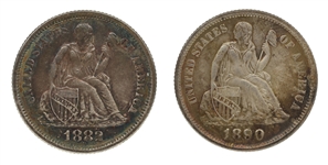 1882 & 1890 US SEATED LIBERTY 10C SILVER COINS