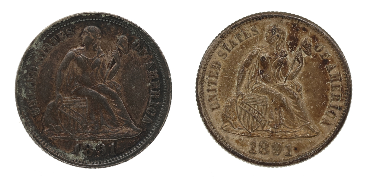 1891-O & 1892 US SEATED LIBERTY 10C SILVER COINS AU