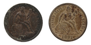 1891-O & 1892 US SEATED LIBERTY 10C SILVER COINS AU