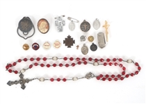 RELIGIOUS PINS, TOKENS, AND STERLING SILVER ROSARY