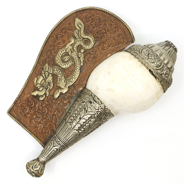 TIBETAN CONCH SHELL HORN WITH NICKEL & COPPER