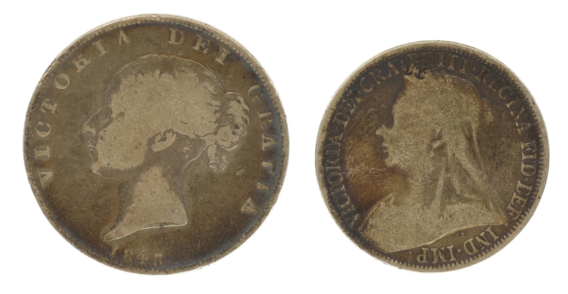 BRITISH VICTORIA 1845 & 1893 SILVER COINS 