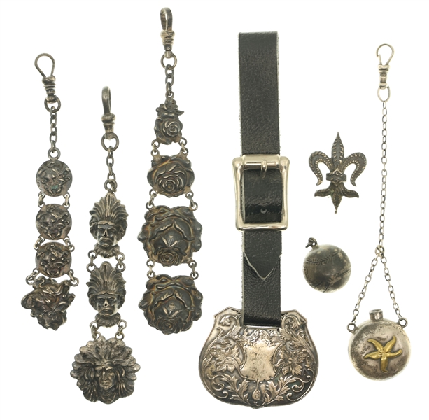 STERLING SILVER POCKET WATCH FOBS, BROOCH & CHARM 