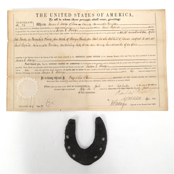 1856 MINNESOTA LAND DEED AND 16TH CENTURY HORSESHOE