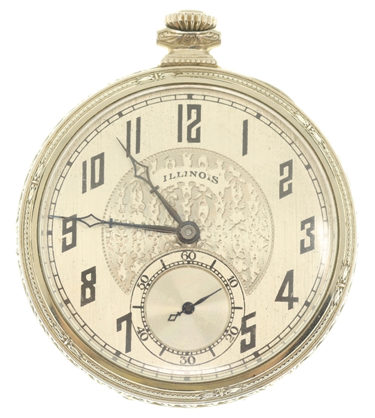 MENS ILLINOIS WHITE GOLD-FILLED CASE POCKET WATCH