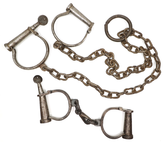 EARLY 20TH C. DARBY STYLE HANDCUFFS & LEG SHACKLES