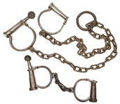 EARLY 20TH C. DARBY STYLE HANDCUFFS & LEG SHACKLES