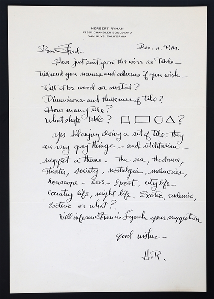 HERBERT RYMAN DISNEY IMAGINEER ALS AUTOGRAPH LETTER