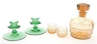 URANIUM DECANTER SET & CANDLESTICK HOLDERS