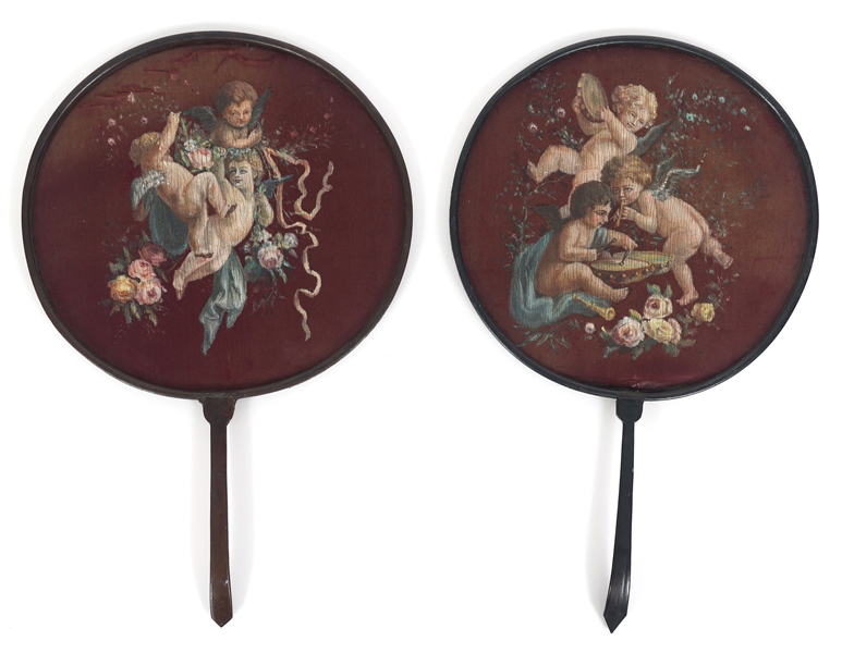 19TH C. HAND-PAINTED SILK FANS WITH CHERUB DESIGN