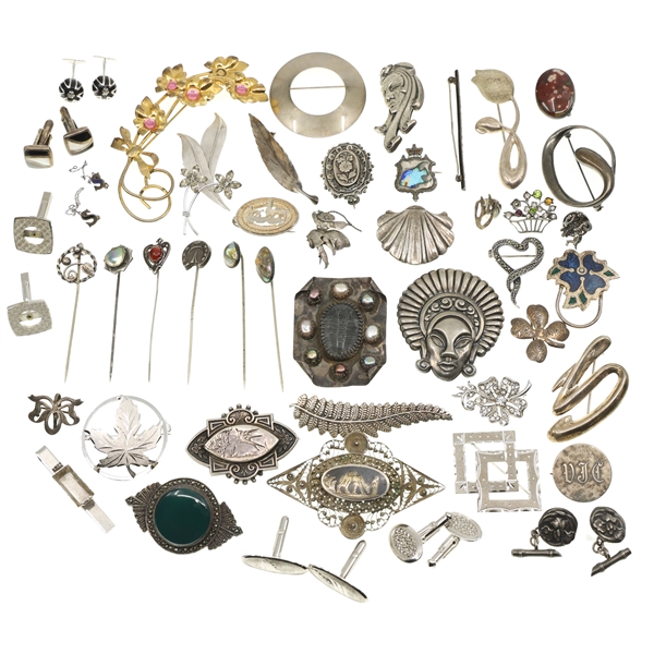 STERLING SILVER BROOCHES, CUFF LINKS, PINS & TIE CLIP