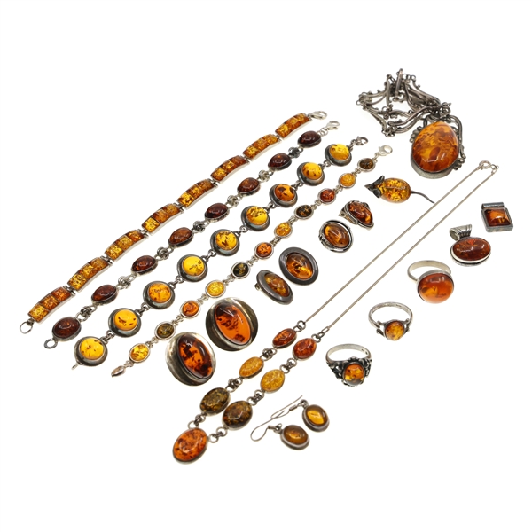 MODERN AMBER & STERLING SILVER FASHION JEWELRY 